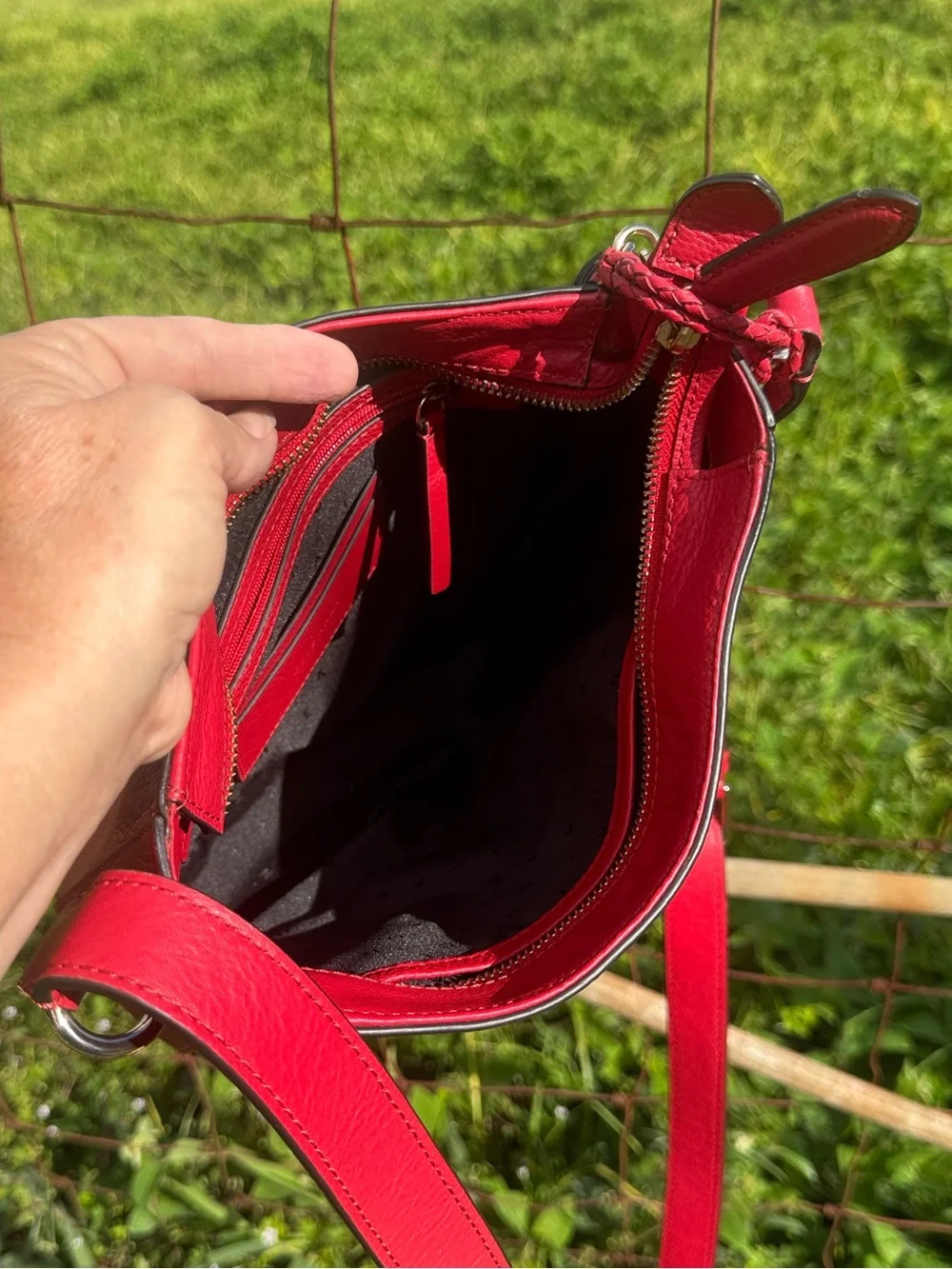 Cole Haan Tomato Red Pebbled Leather Tasseled  Crossbody Bag